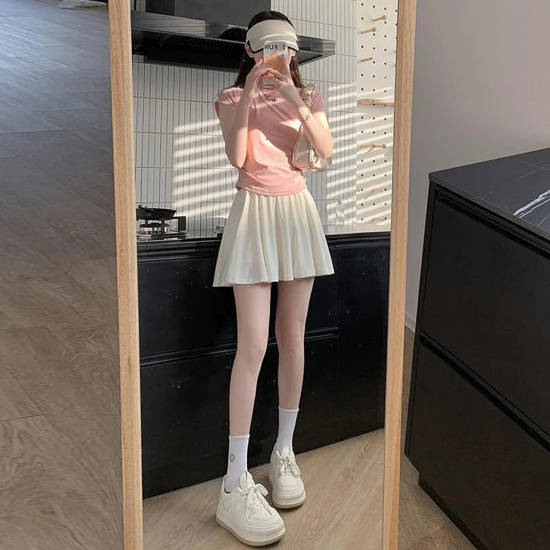 Ice Silk High Waist Slim Fit Women Summer Shorts Anti Exposure Versatile A- line Skirt Fresh Sweet Style Polyester Fabric