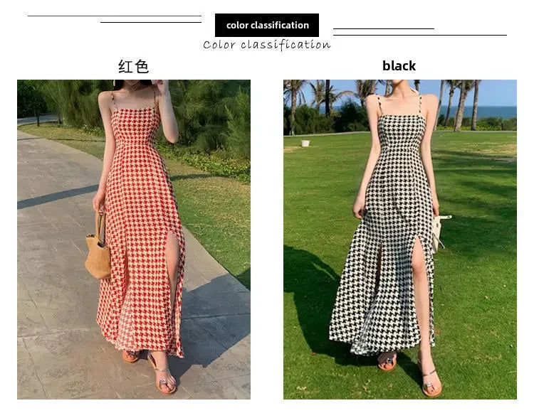 Women's Spring Summer 2024 New Waist-fitted Slimming Design Sensible Elegant Side Slit Long Dress Trendy Plaid Tank Dress