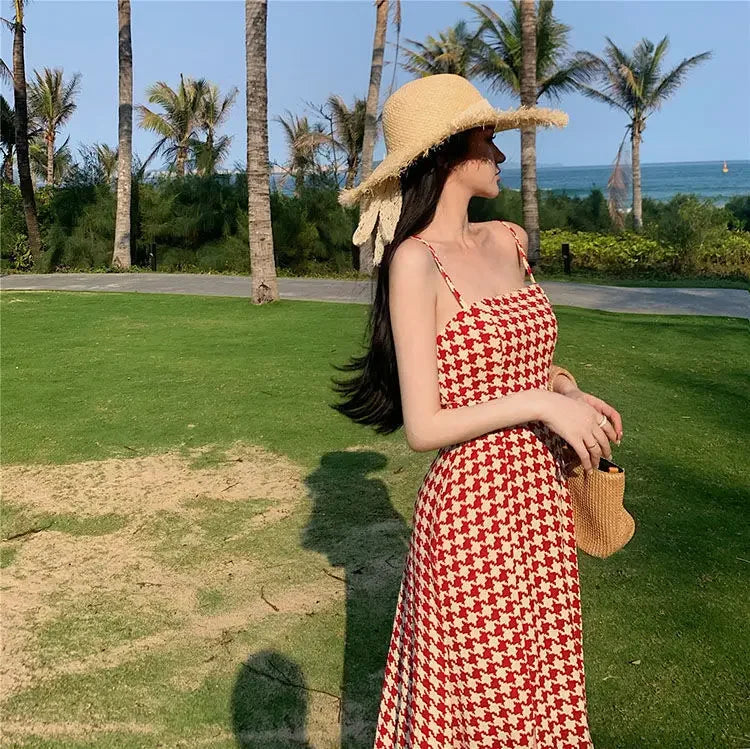 Women's Spring Summer 2024 New Waist-fitted Slimming Design Sensible Elegant Side Slit Long Dress Trendy Plaid Tank Dress