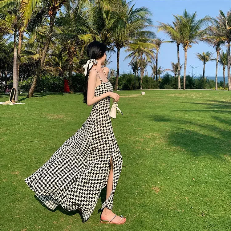 Women's Spring Summer 2024 New Waist-fitted Slimming Design Sensible Elegant Side Slit Long Dress Trendy Plaid Tank Dress