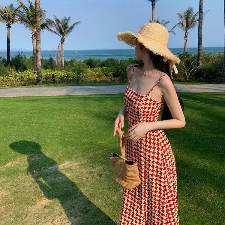 Women's Spring Summer 2024 New Waist-fitted Slimming Design Sensible Elegant Side Slit Long Dress Trendy Plaid Tank Dress
