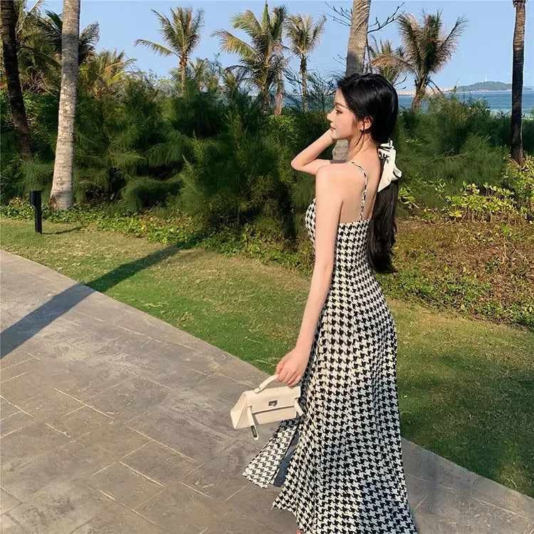 Women's Spring Summer 2024 New Waist-fitted Slimming Design Sensible Elegant Side Slit Long Dress Trendy Plaid Tank Dress