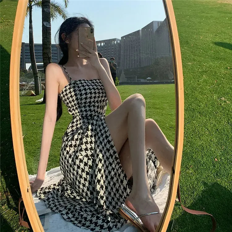 Women's Spring Summer 2024 New Waist-fitted Slimming Design Sensible Elegant Side Slit Long Dress Trendy Plaid Tank Dress