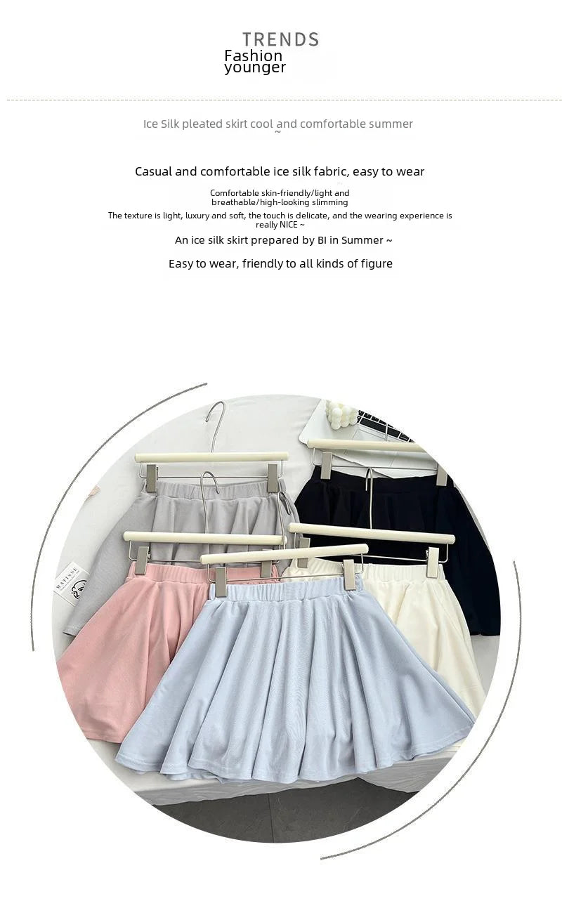 Ice Silk High Waist Slim Fit Women Summer Shorts Anti Exposure Versatile A- line Skirt Fresh Sweet Style Polyester Fabric
