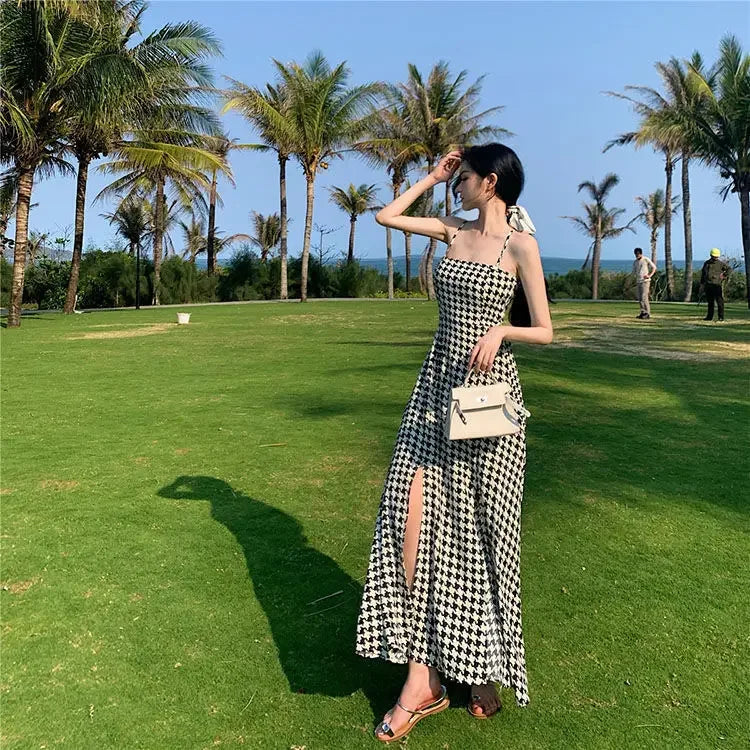 Women's Spring Summer 2024 New Waist-fitted Slimming Design Sensible Elegant Side Slit Long Dress Trendy Plaid Tank Dress
