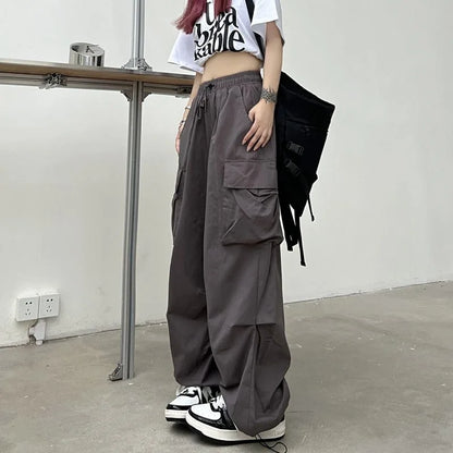 Women Casual Baggy Cargo Pants Solid Low Waist Joggers Tech Pants Drawstring Wide Leg Baggy Trousers Y2K Streetwear Sweatpants