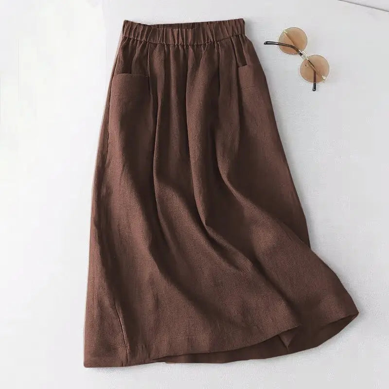 ZANZEA Women Cotton Skirt Holiday Elastic Waist Midi Skirt 2024 Summer Side Pockets Falda Saias Casual Korean Solid A Line Jupe