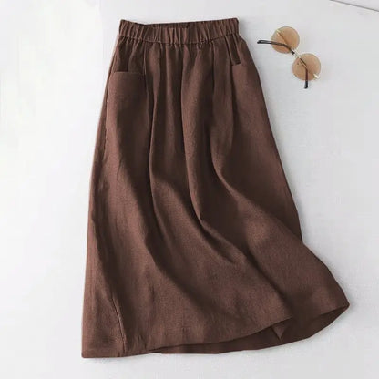 ZANZEA Women Cotton Skirt Holiday Elastic Waist Midi Skirt 2024 Summer Side Pockets Falda Saias Casual Korean Solid A Line Jupe