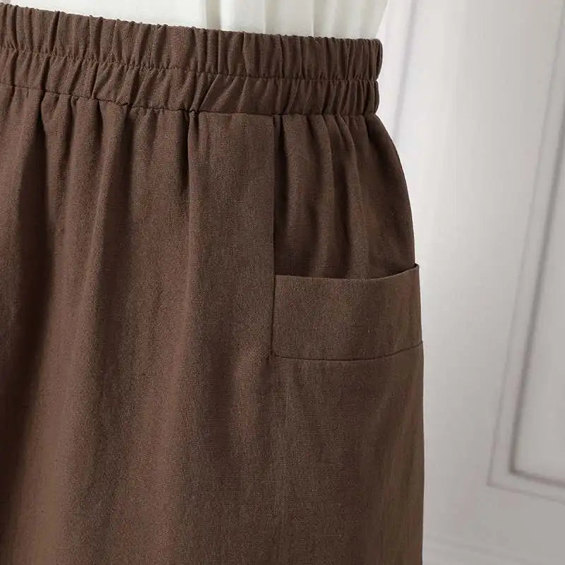 ZANZEA Women Cotton Skirt Holiday Elastic Waist Midi Skirt 2024 Summer Side Pockets Falda Saias Casual Korean Solid A Line Jupe