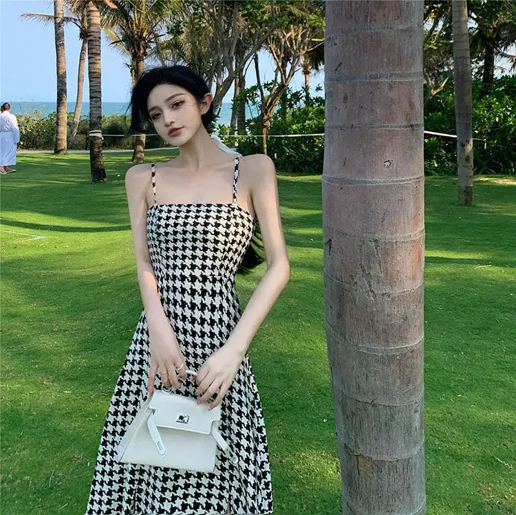 Women's Spring Summer 2024 New Waist-fitted Slimming Design Sensible Elegant Side Slit Long Dress Trendy Plaid Tank Dress