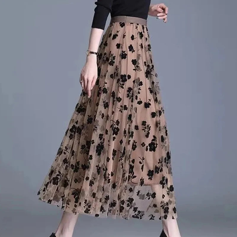 Korean Women Tulle Skirt Fashion Summer Hook Floral Loose Midi Skirt Elegant Female Casual All Match Mesh Skirts New