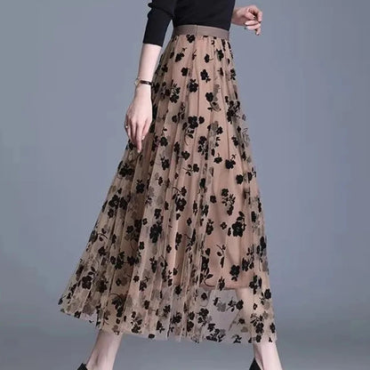Korean Women Tulle Skirt Fashion Summer Hook Floral Loose Midi Skirt Elegant Female Casual All Match Mesh Skirts New