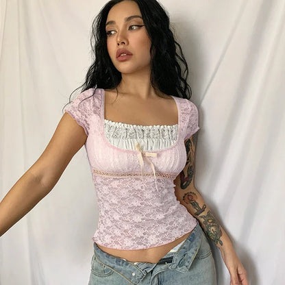 Coquette Lace Milkmaid Top Tees Y2K Aesthetic Fairy Grunge Square Collar Tees Prepply Korean Kawaii T-shirt Women Cropped Tops