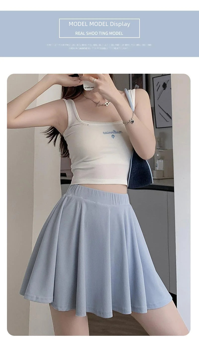 Ice Silk High Waist Slim Fit Women Summer Shorts Anti Exposure Versatile A- line Skirt Fresh Sweet Style Polyester Fabric