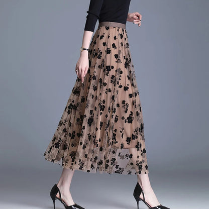 Korean Women Tulle Skirt Fashion Summer Hook Floral Loose Midi Skirt Elegant Female Casual All Match Mesh Skirts New