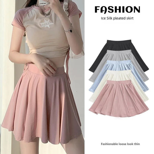 Ice Silk High Waist Slim Fit Women Summer Shorts Anti Exposure Versatile A- line Skirt Fresh Sweet Style Polyester Fabric