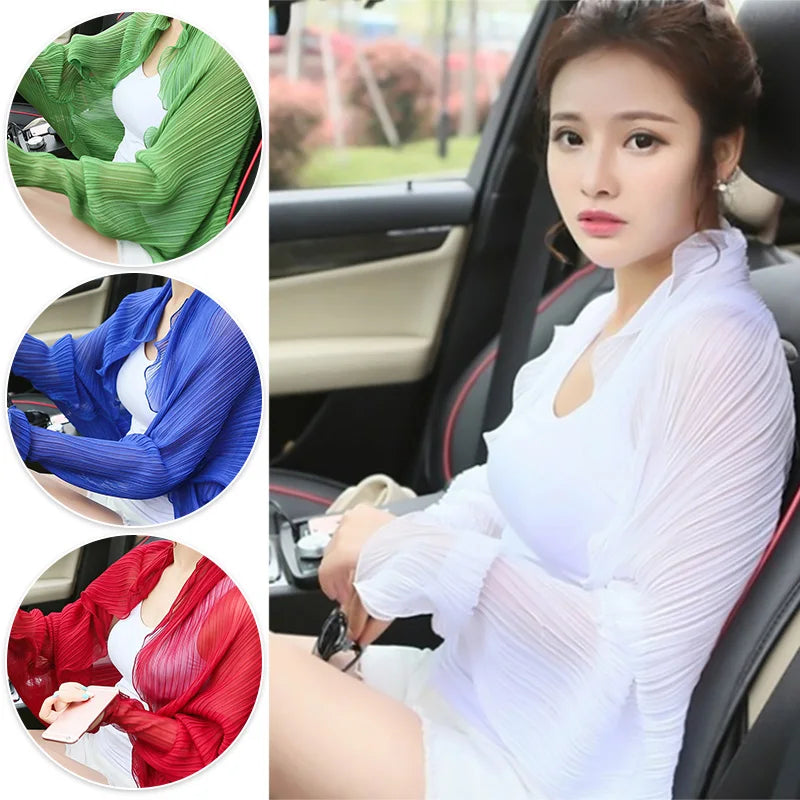 Women Summer Thin Ruffle Cardigan Outdoor Driving Cycling Sun Protection Shawl Long Sleeve Solid Color Pleated Chiffon Coat Tops