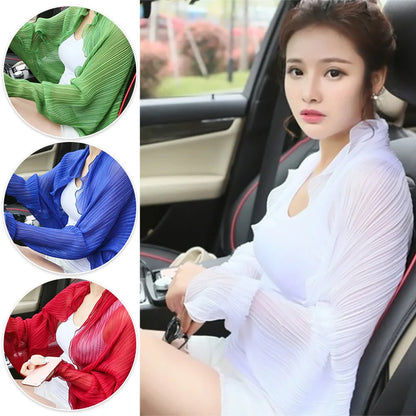 Women Summer Thin Ruffle Cardigan Outdoor Driving Cycling Sun Protection Shawl Long Sleeve Solid Color Pleated Chiffon Coat Tops