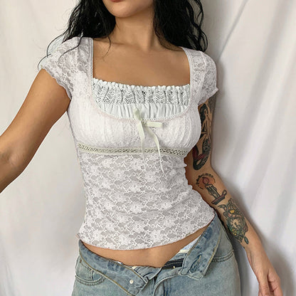 Coquette Lace Milkmaid Top Tees Y2K Aesthetic Fairy Grunge Square Collar Tees Prepply Korean Kawaii T-shirt Women Cropped Tops