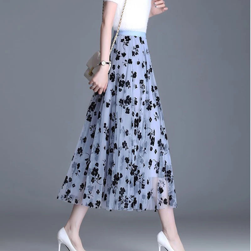 Korean Women Tulle Skirt Fashion Summer Hook Floral Loose Midi Skirt Elegant Female Casual All Match Mesh Skirts New