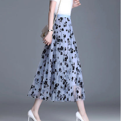 Korean Women Tulle Skirt Fashion Summer Hook Floral Loose Midi Skirt Elegant Female Casual All Match Mesh Skirts New