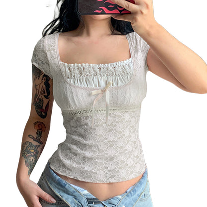 Coquette Lace Milkmaid Top Tees Y2K Aesthetic Fairy Grunge Square Collar Tees Prepply Korean Kawaii T-shirt Women Cropped Tops