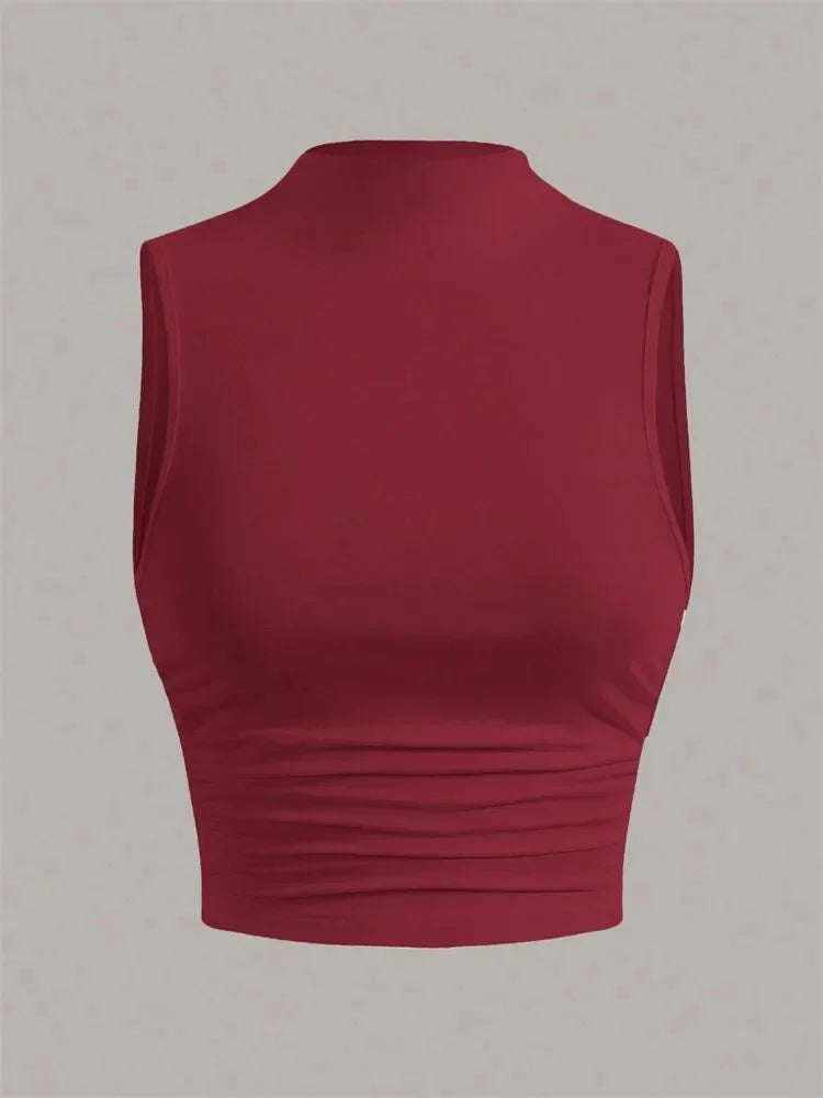 Casual Mock Neck Sleeveless Tank Top for Women Summer Sexy Solid Color Slim Fit Stand Collar Crop Top Streetwear 2024
