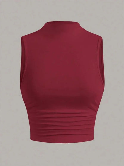 Casual Mock Neck Sleeveless Tank Top for Women Summer Sexy Solid Color Slim Fit Stand Collar Crop Top Streetwear 2024