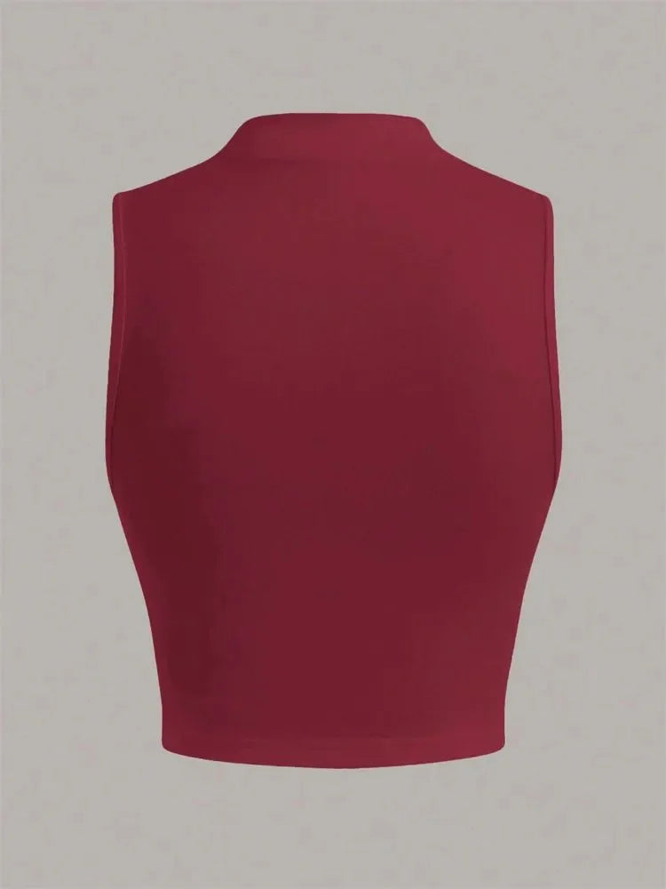 Casual Mock Neck Sleeveless Tank Top for Women Summer Sexy Solid Color Slim Fit Stand Collar Crop Top Streetwear 2024