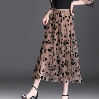 Korean Women Tulle Skirt Fashion Summer Hook Floral Loose Midi Skirt Elegant Female Casual All Match Mesh Skirts New