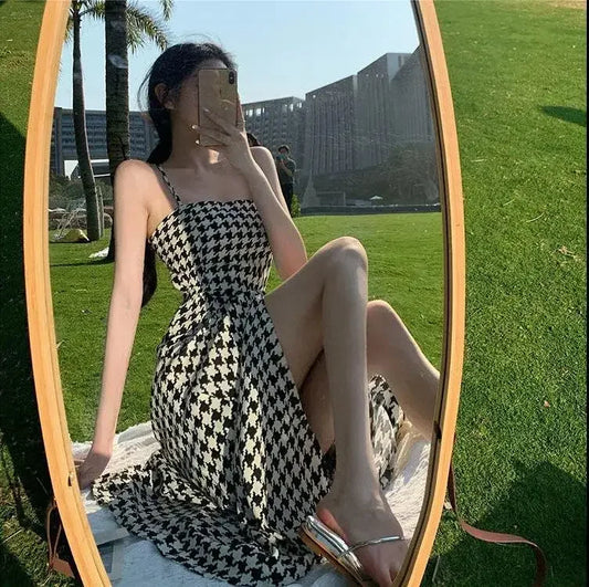 Women's Spring Summer 2024 New Waist-fitted Slimming Design Sensible Elegant Side Slit Long Dress Trendy Plaid Tank Dress