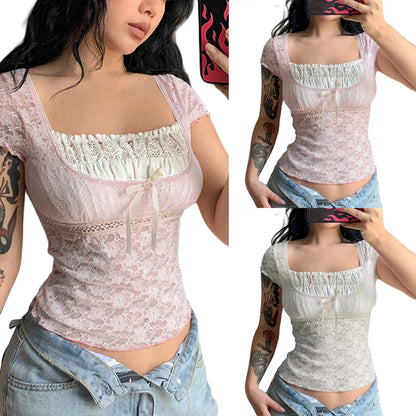 Coquette Lace Milkmaid Top Tees Y2K Aesthetic Fairy Grunge Square Collar Tees Prepply Korean Kawaii T-shirt Women Cropped Tops