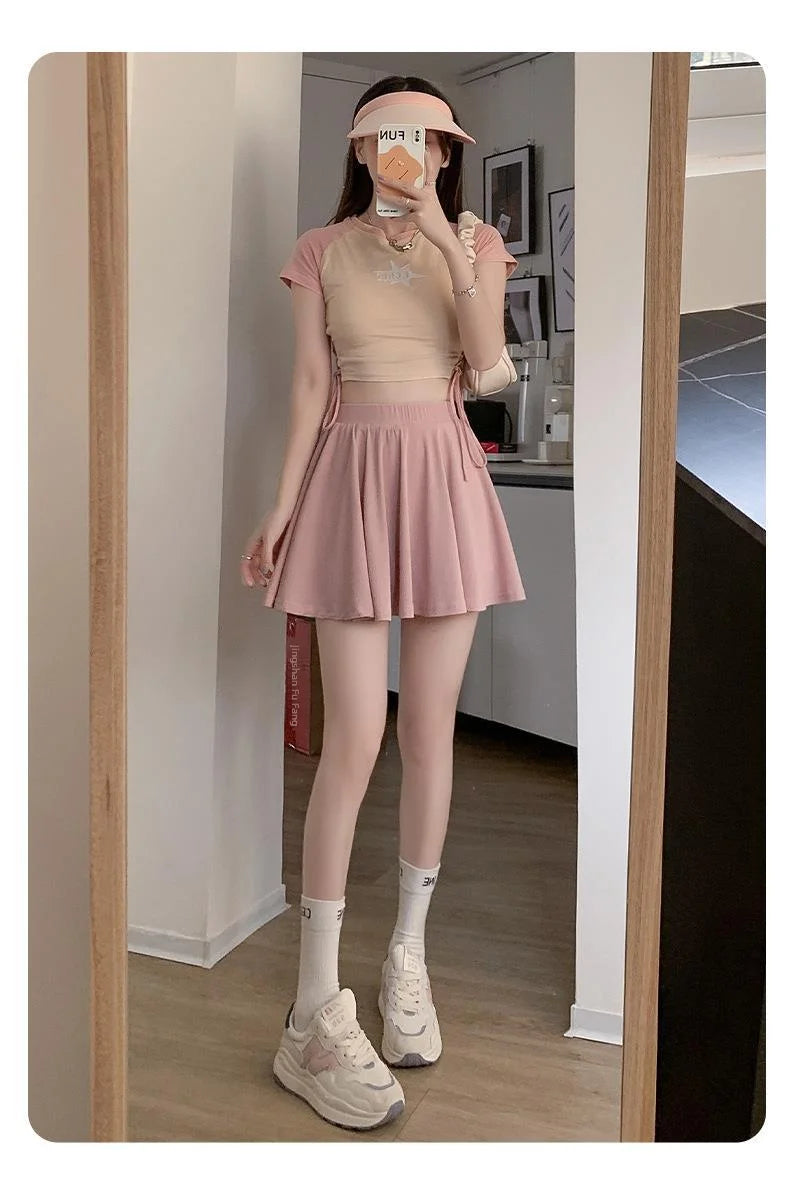 Ice Silk High Waist Slim Fit Women Summer Shorts Anti Exposure Versatile A- line Skirt Fresh Sweet Style Polyester Fabric