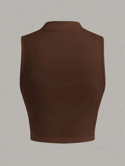 Casual Mock Neck Sleeveless Tank Top for Women Summer Sexy Solid Color Slim Fit Stand Collar Crop Top Streetwear 2024