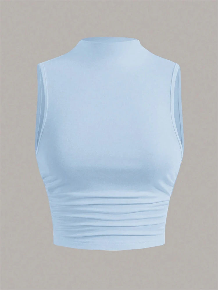 Casual Mock Neck Sleeveless Tank Top for Women Summer Sexy Solid Color Slim Fit Stand Collar Crop Top Streetwear 2024