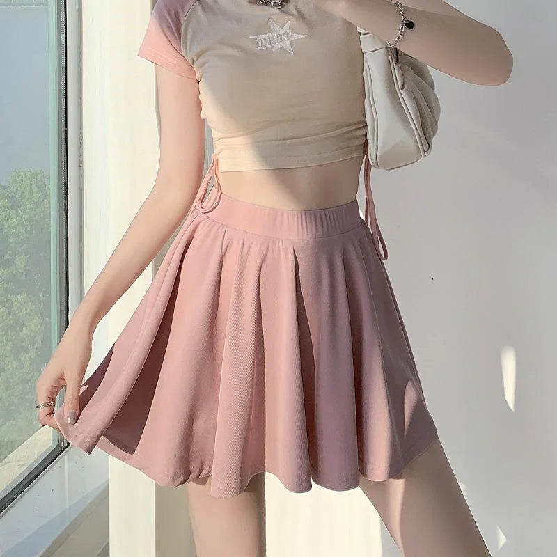 Ice Silk High Waist Slim Fit Women Summer Shorts Anti Exposure Versatile A- line Skirt Fresh Sweet Style Polyester Fabric