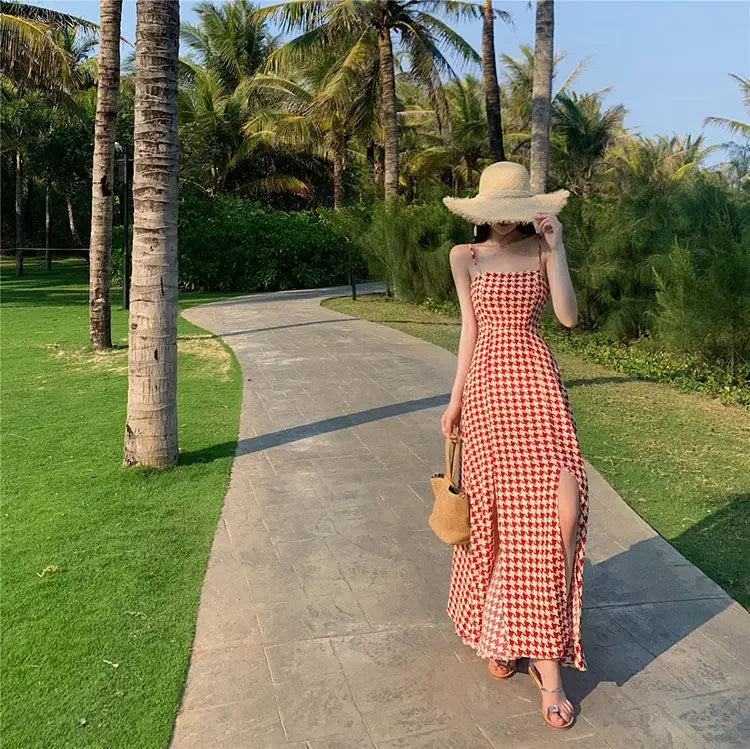 Women's Spring Summer 2024 New Waist-fitted Slimming Design Sensible Elegant Side Slit Long Dress Trendy Plaid Tank Dress