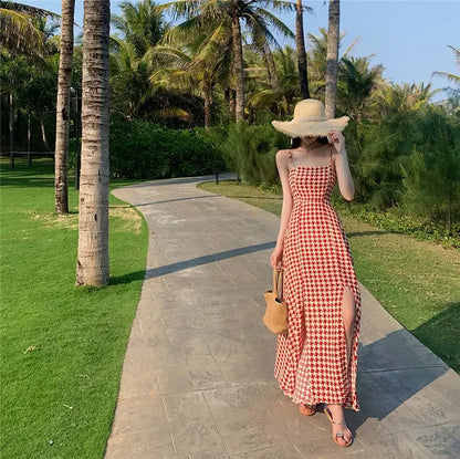 Women's Spring Summer 2024 New Waist-fitted Slimming Design Sensible Elegant Side Slit Long Dress Trendy Plaid Tank Dress