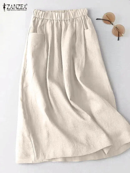 ZANZEA Women Cotton Skirt Holiday Elastic Waist Midi Skirt 2024 Summer Side Pockets Falda Saias Casual Korean Solid A Line Jupe