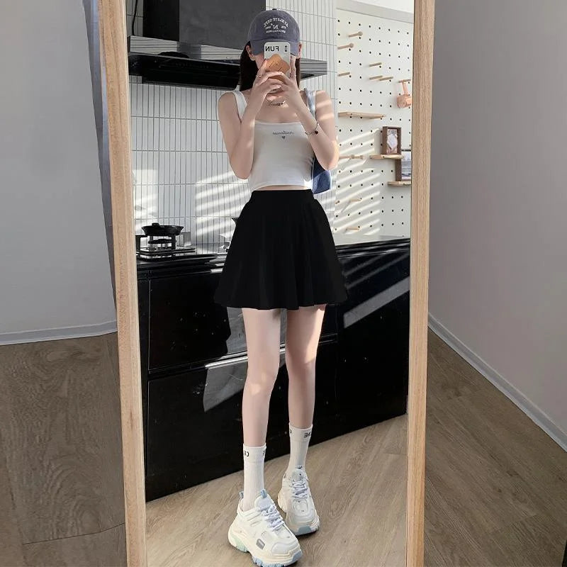 Ice Silk High Waist Slim Fit Women Summer Shorts Anti Exposure Versatile A- line Skirt Fresh Sweet Style Polyester Fabric