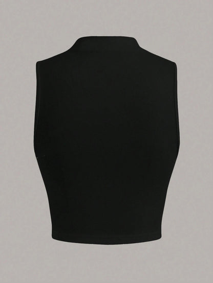 Casual Mock Neck Sleeveless Tank Top for Women Summer Sexy Solid Color Slim Fit Stand Collar Crop Top Streetwear 2024