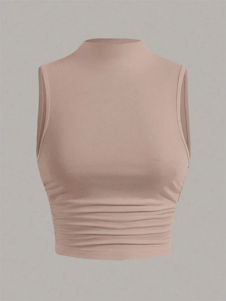 Casual Mock Neck Sleeveless Tank Top for Women Summer Sexy Solid Color Slim Fit Stand Collar Crop Top Streetwear 2024