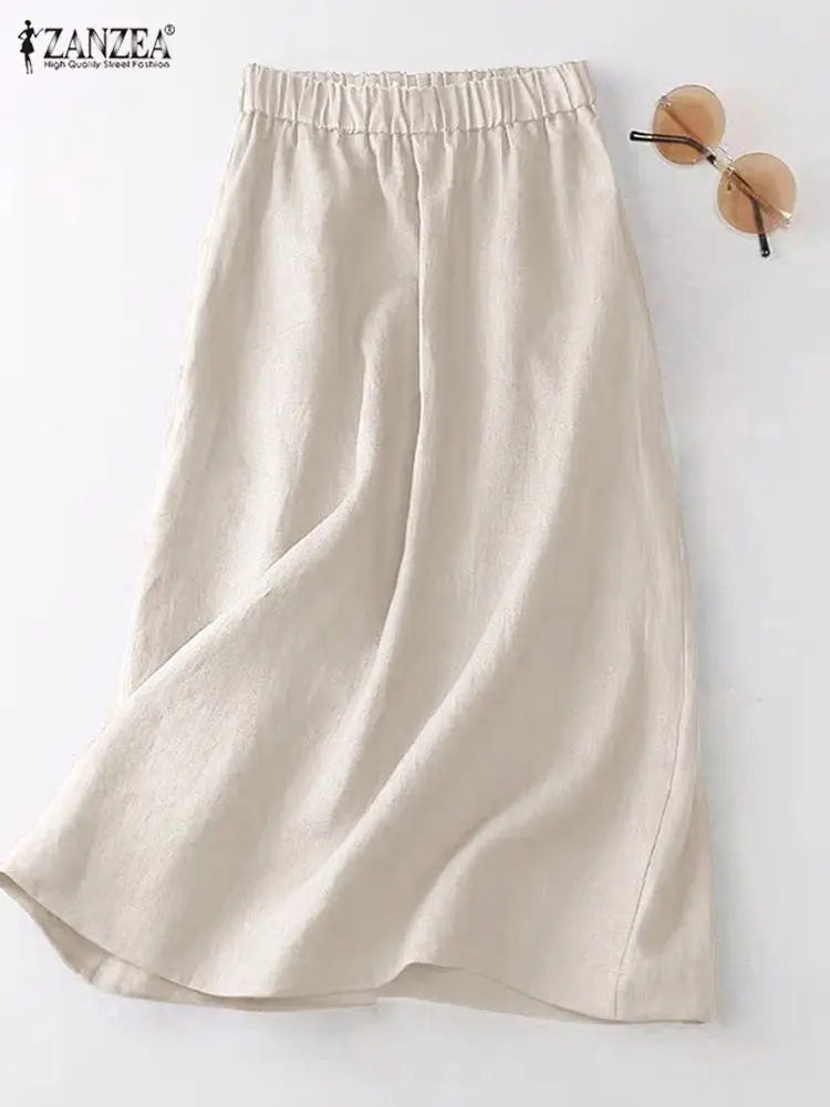 ZANZEA Women Cotton Skirt Holiday Elastic Waist Midi Skirt 2024 Summer Side Pockets Falda Saias Casual Korean Solid A Line Jupe