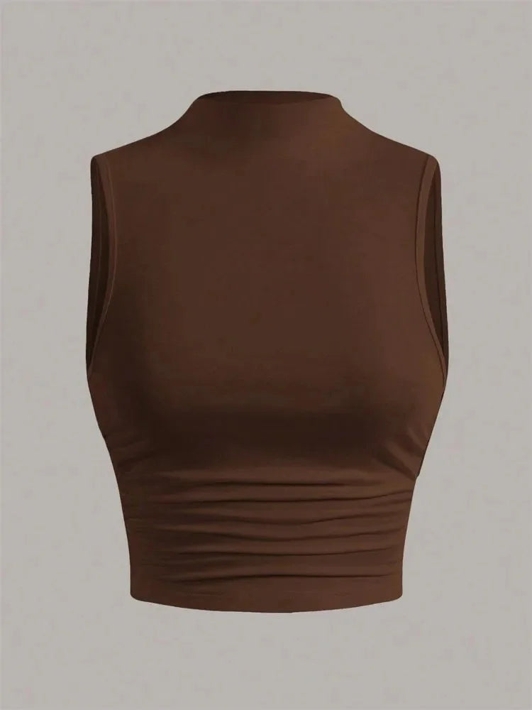 Casual Mock Neck Sleeveless Tank Top for Women Summer Sexy Solid Color Slim Fit Stand Collar Crop Top Streetwear 2024