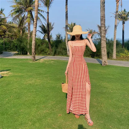 Women's Spring Summer 2024 New Waist-fitted Slimming Design Sensible Elegant Side Slit Long Dress Trendy Plaid Tank Dress