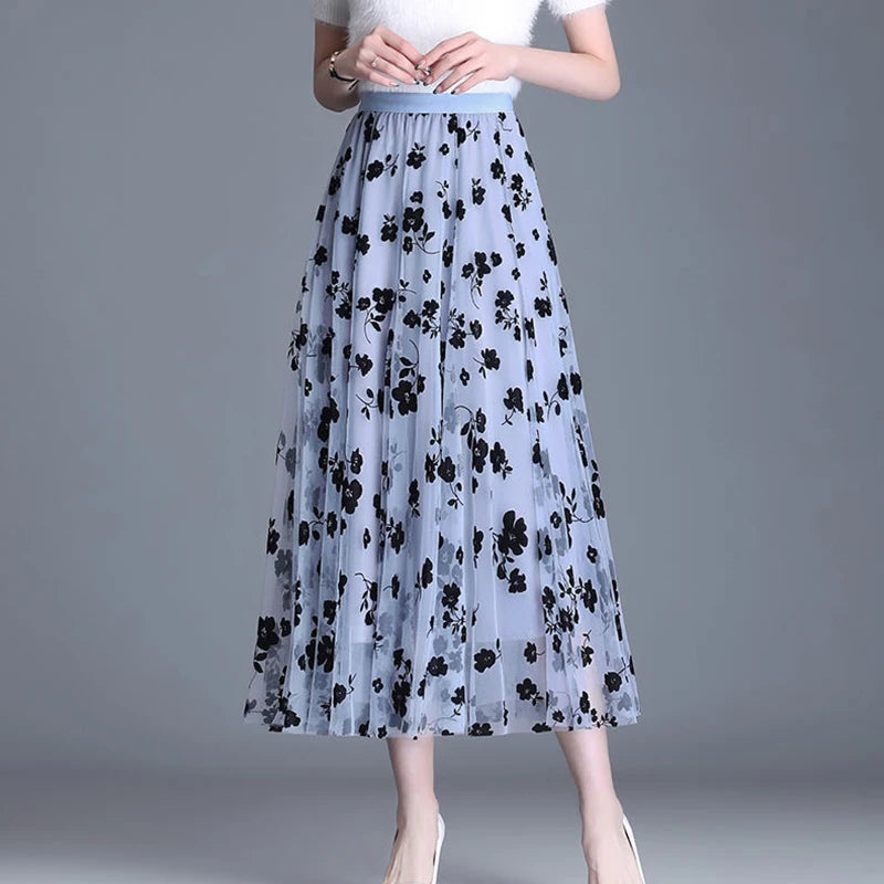 Korean Women Tulle Skirt Fashion Summer Hook Floral Loose Midi Skirt Elegant Female Casual All Match Mesh Skirts New