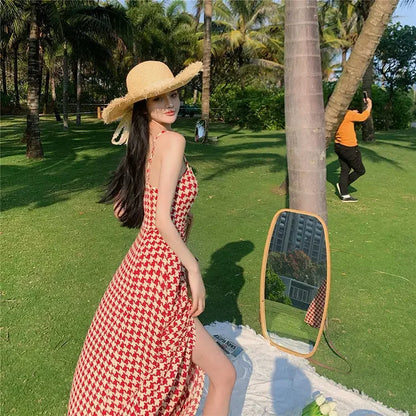 Women's Spring Summer 2024 New Waist-fitted Slimming Design Sensible Elegant Side Slit Long Dress Trendy Plaid Tank Dress