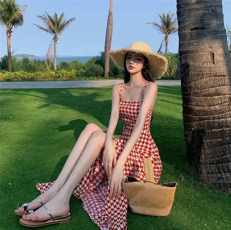 Women's Spring Summer 2024 New Waist-fitted Slimming Design Sensible Elegant Side Slit Long Dress Trendy Plaid Tank Dress