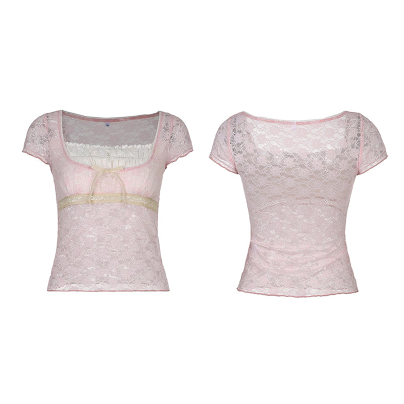 Coquette Lace Milkmaid Top Tees Y2K Aesthetic Fairy Grunge Square Collar Tees Prepply Korean Kawaii T-shirt Women Cropped Tops