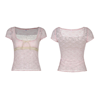 Coquette Lace Milkmaid Top Tees Y2K Aesthetic Fairy Grunge Square Collar Tees Prepply Korean Kawaii T-shirt Women Cropped Tops